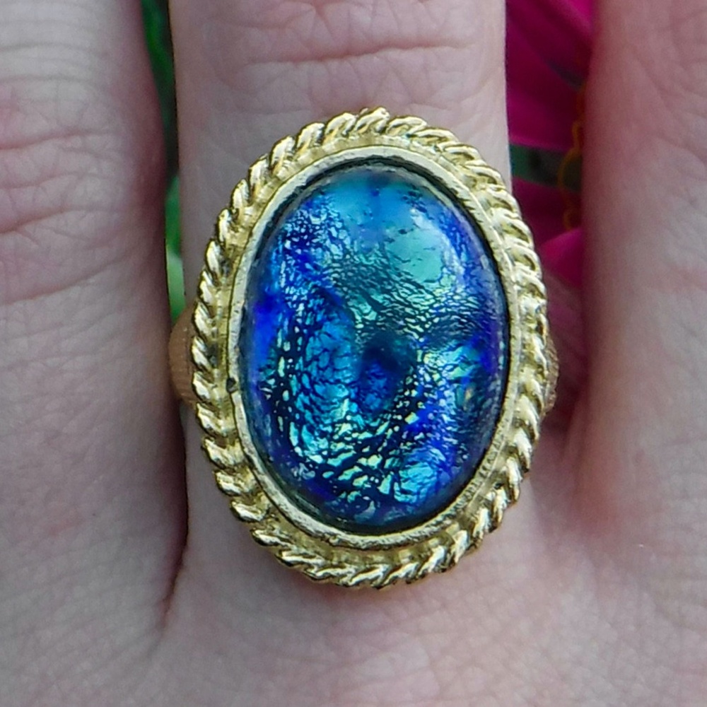 Blue Glass Opal Ring Adjustable Cocktail Ring Vintage